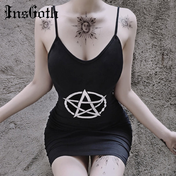 Goth Bodycon Black Women Dress Gothic Pentagram Print Female Mini Dress Sleeveless Black