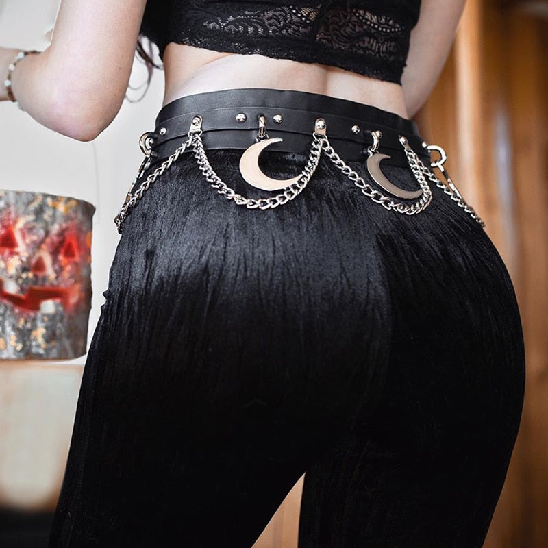 Goth Punk Hip Hop Metal Belt PU Leather Belt Chain Moon Goth Belt Dance Streetwear Individual Belt