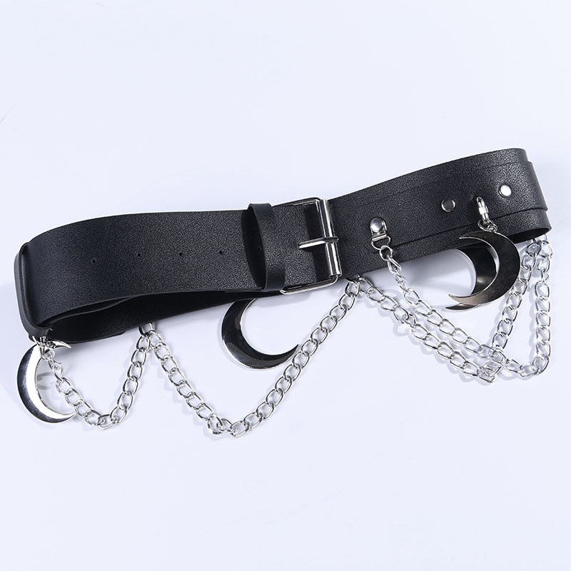 Goth Punk Hip Hop Metal Belt PU Leather Belt Chain Moon Goth Belt Dance Streetwear Individual Belt