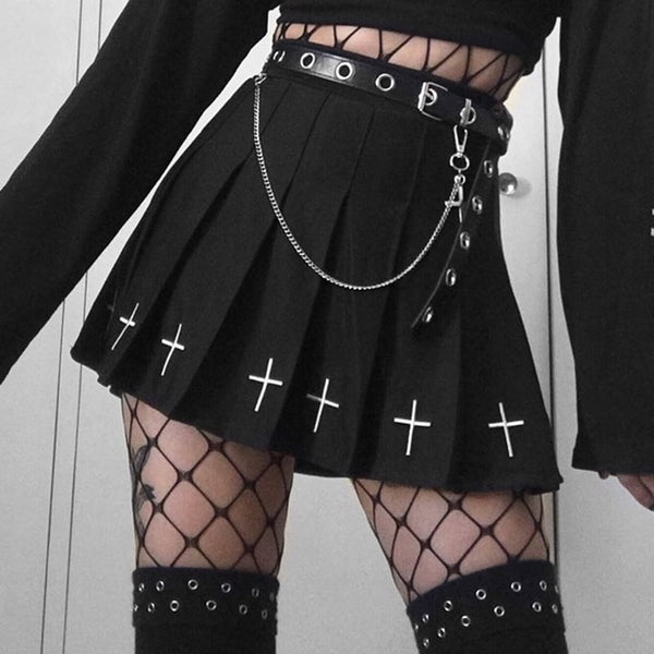 Goth High Waist Mini Black Skirts Gothic Streetwear Cross Print Pleated Women Skirt