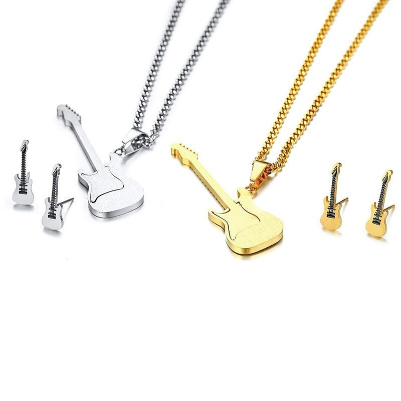 Jewelry Set Music Guitar Necklace Pendant And Earrings In silver color Gold Color Stainless Steel