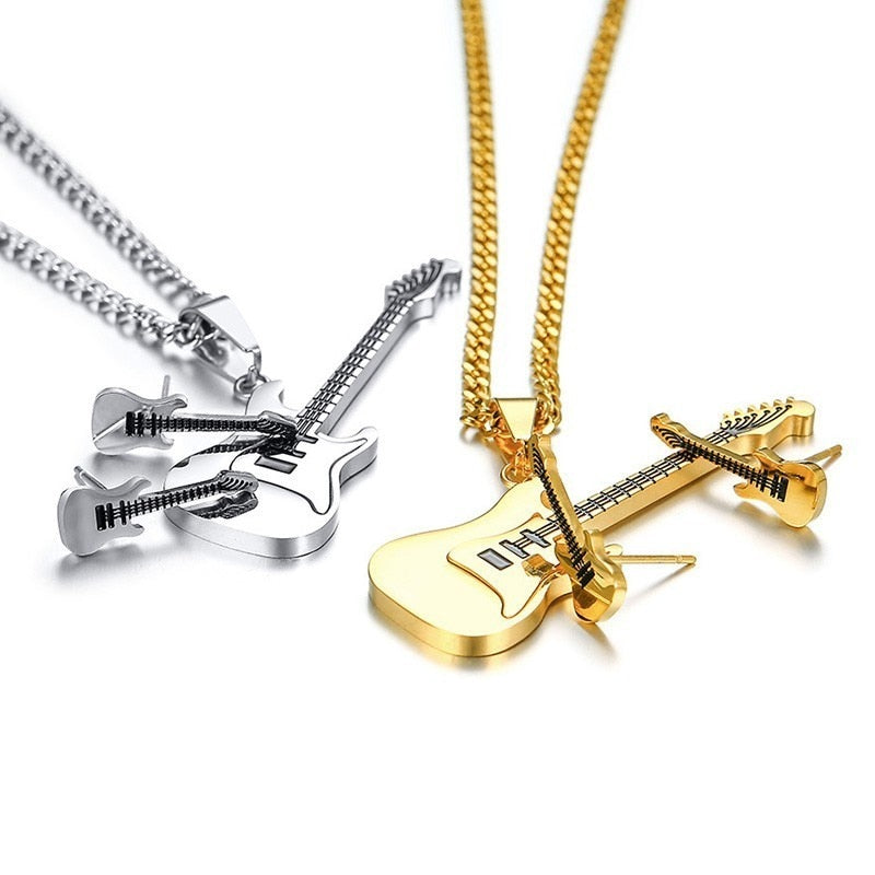 Jewelry Set Music Guitar Necklace Pendant And Earrings In silver color Gold Color Stainless Steel