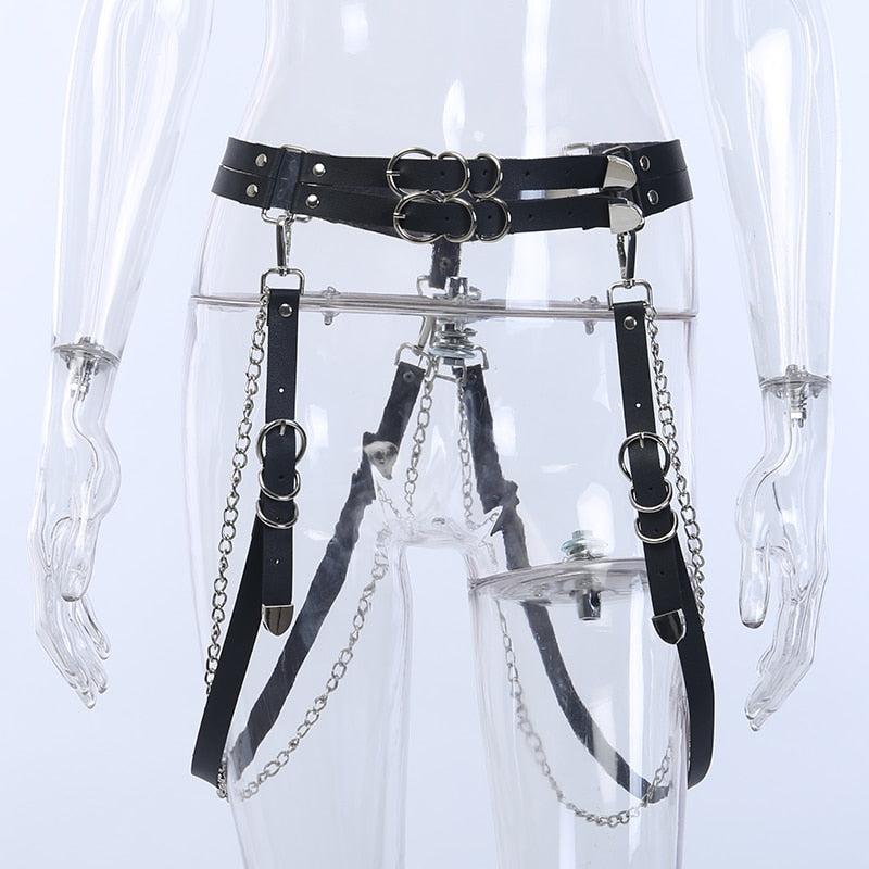 Gothic Punk Faux Leather Belt Metal Chain Ring Waist Strap Rock Hip Hop Ring Chain Belt