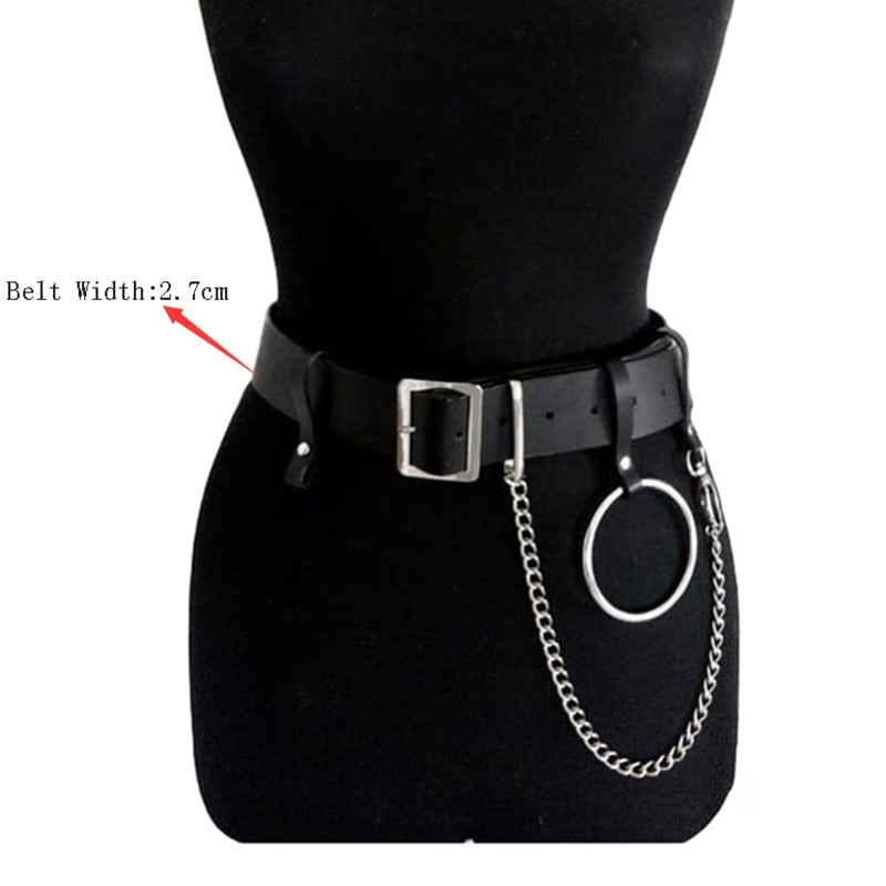 Gothic Punk Waist Chain Metal Circle Ring Design Silver Pin Buckle Leather Black Jeans Waist Belts