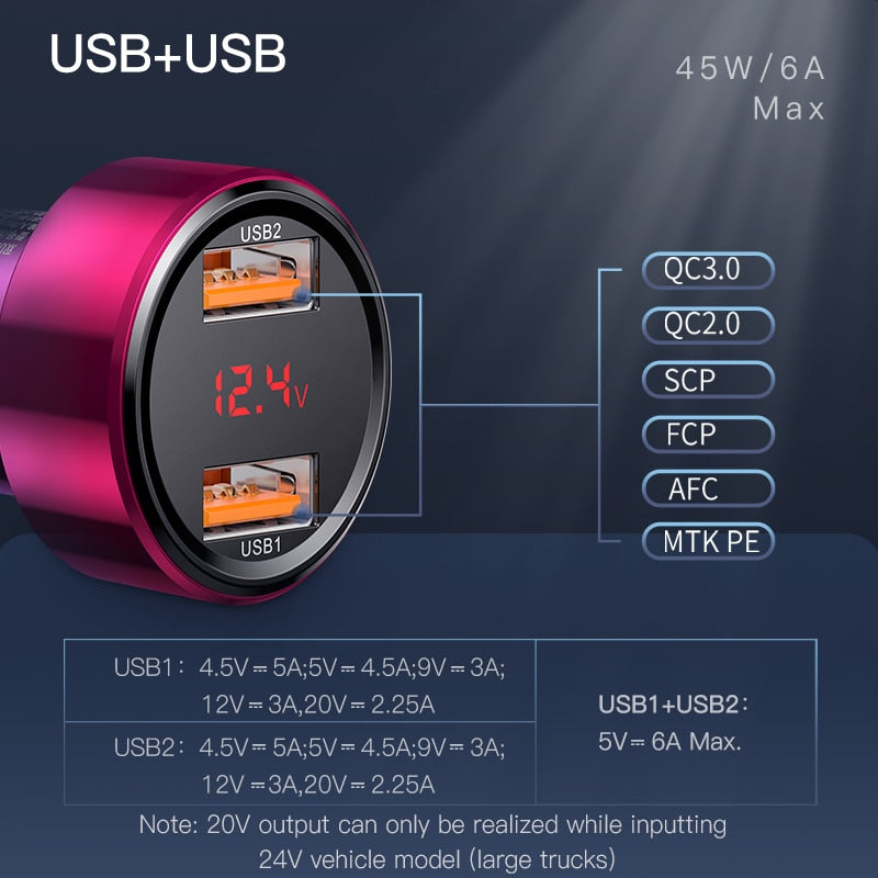 Baseus 45W Quick Charge 4.0 3.0 USB Car Charger for Xiaomi Mi Huawei Supercharge SCP QC4.0 QC3.0 Fast PD USB C Car Phone Charger