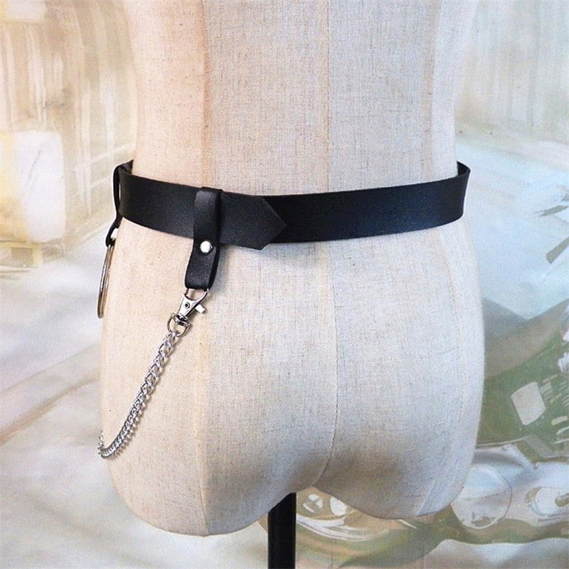 Gothic Punk Waist Chain Metal Circle Ring Design Silver Pin Buckle Leather Black Jeans Waist Belts