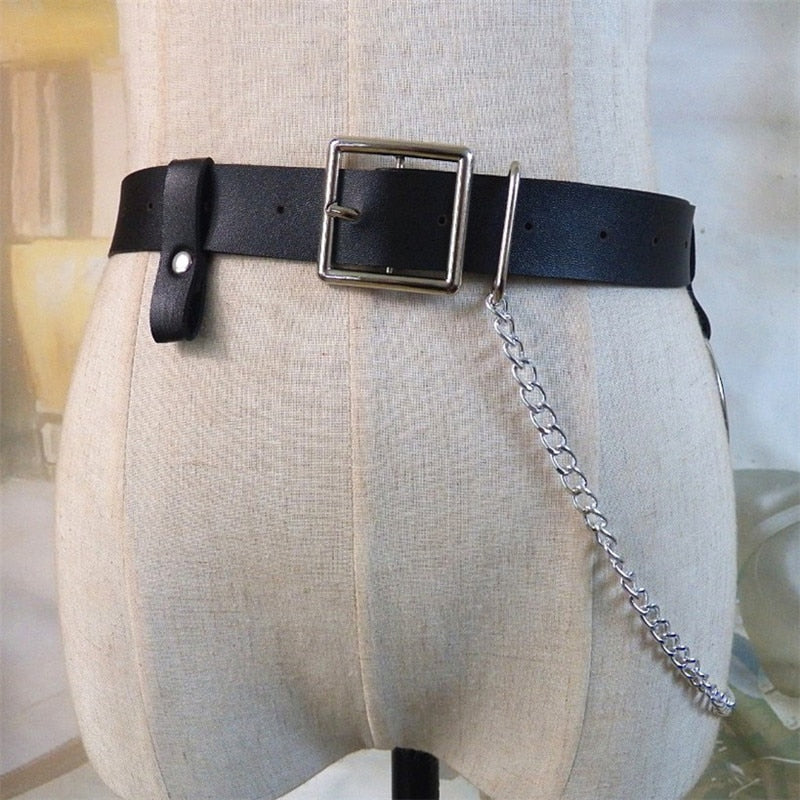 Gothic Punk Waist Chain Metal Circle Ring Design Silver Pin Buckle Leather Black Jeans Waist Belts