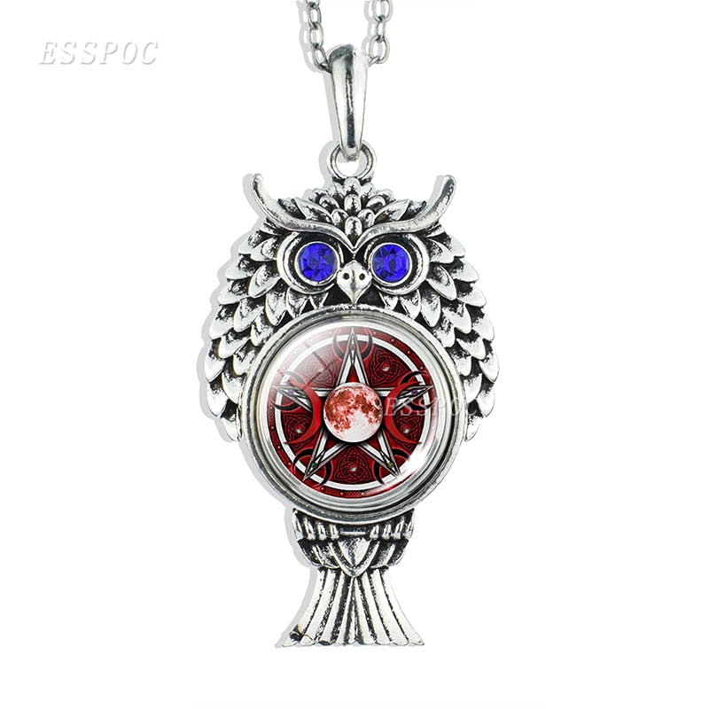 Triple Moon Goddess Necklace Silver Chain Owl Shape Pendant Wiccan Jewelry Goth