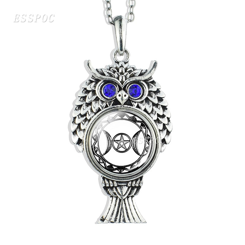 Triple Moon Goddess Necklace Silver Chain Owl Shape Pendant Wiccan Jewelry Goth