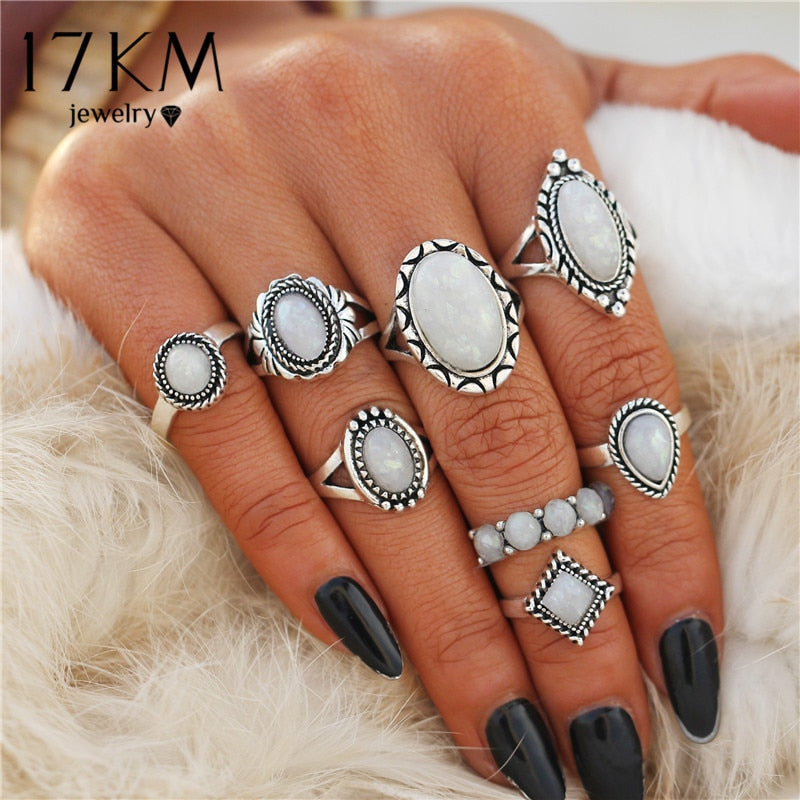 8 PCS/Set Vintage Opal Rings Set Goth Boho Geometric Pattern Bohemian Goth Jewerally