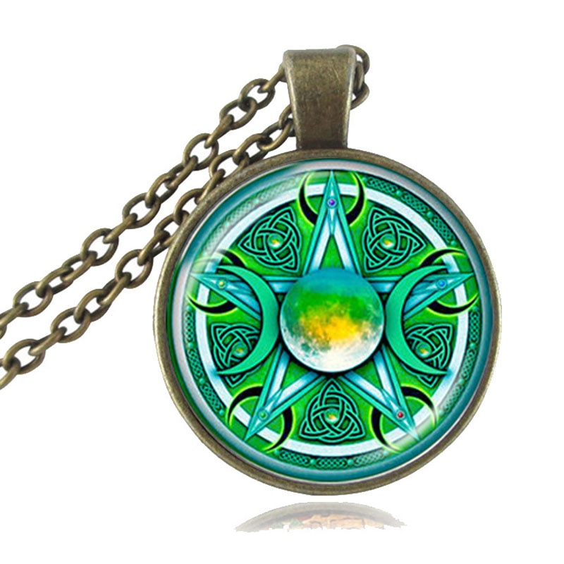 Triple Moon Goddess Pendant Pentagram Necklace Witch Glass Dome Wiccan Goth Jewerally