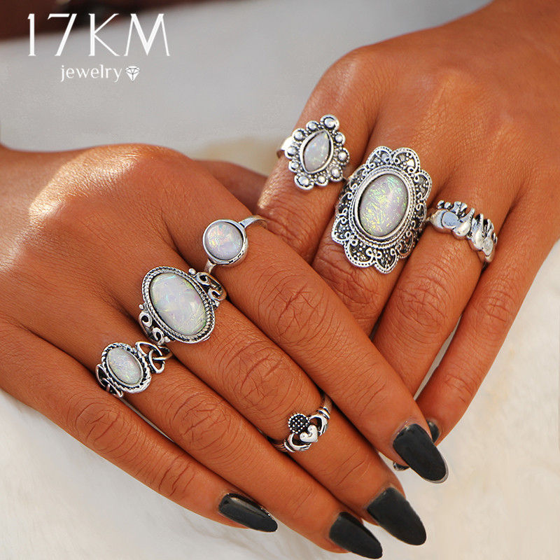 8 PCS/Set Vintage Opal Rings Set Goth Boho Geometric Pattern Bohemian Goth Jewerally