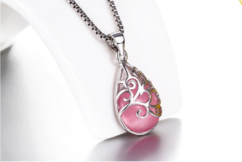 Fashion Silver Plated Pendant Pink And White Moonstone Stone Opal Pendant Hollow Design Goth