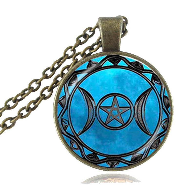 Triple Moon Goddess Pendant Pentagram Necklace Witch Glass Dome Wiccan Goth Jewerally