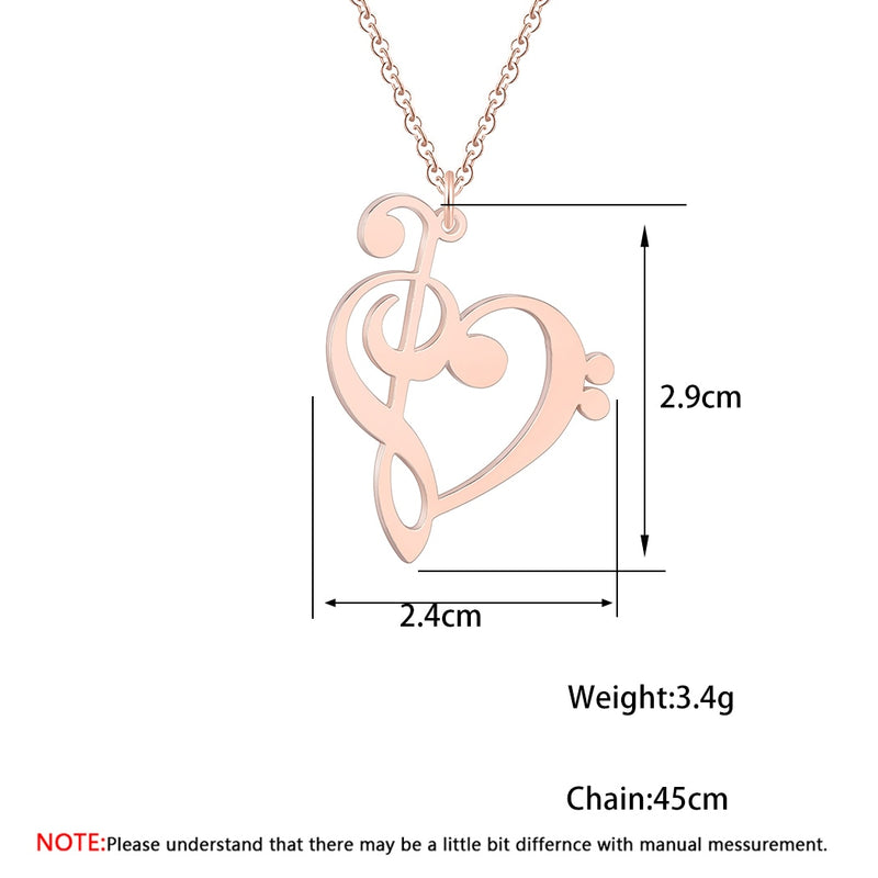 Music Note Heart of Treble and Bass Clef Necklace Women Infinity Love Charm Pendant Stainless Steel