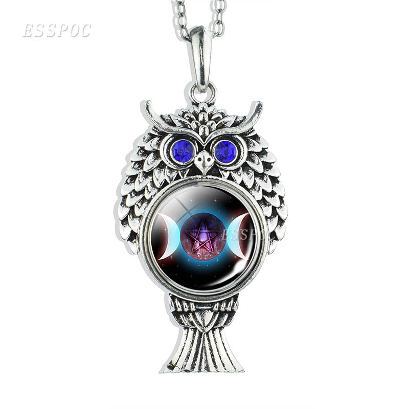 Triple Moon Goddess Necklace Silver Chain Owl Shape Pendant Wiccan Goth Jewerally