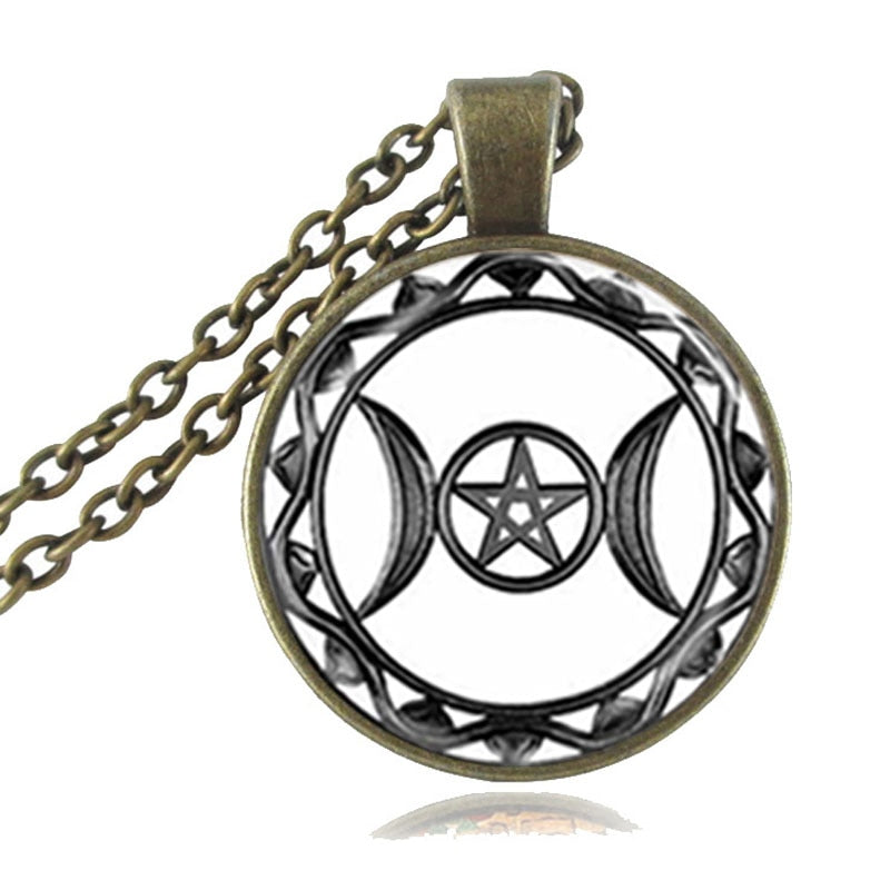 Triple Moon Goddess Pendant Pentagram Necklace Witch Glass Dome Wiccan Goth Jewerally