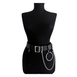 Gothic Punk Waist Chain Metal Circle Ring Design Silver Pin Buckle Leather Black Jeans Waist Belts