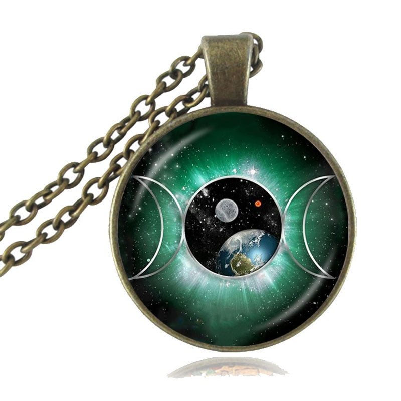 Triple Moon Goddess Pendant Pentagram Necklace Witch Glass Dome Wiccan Goth Jewerally