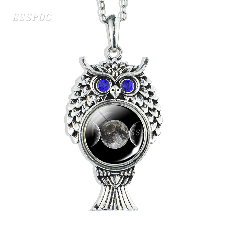 Triple Moon Goddess Necklace Silver Chain Owl Shape Pendant Wiccan Goth Jewerally