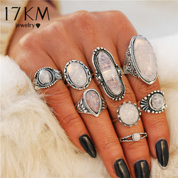 8 PCS/Set Vintage Opal Rings Set Goth Boho Geometric Pattern Flower Rings Bohemian Jewelry 