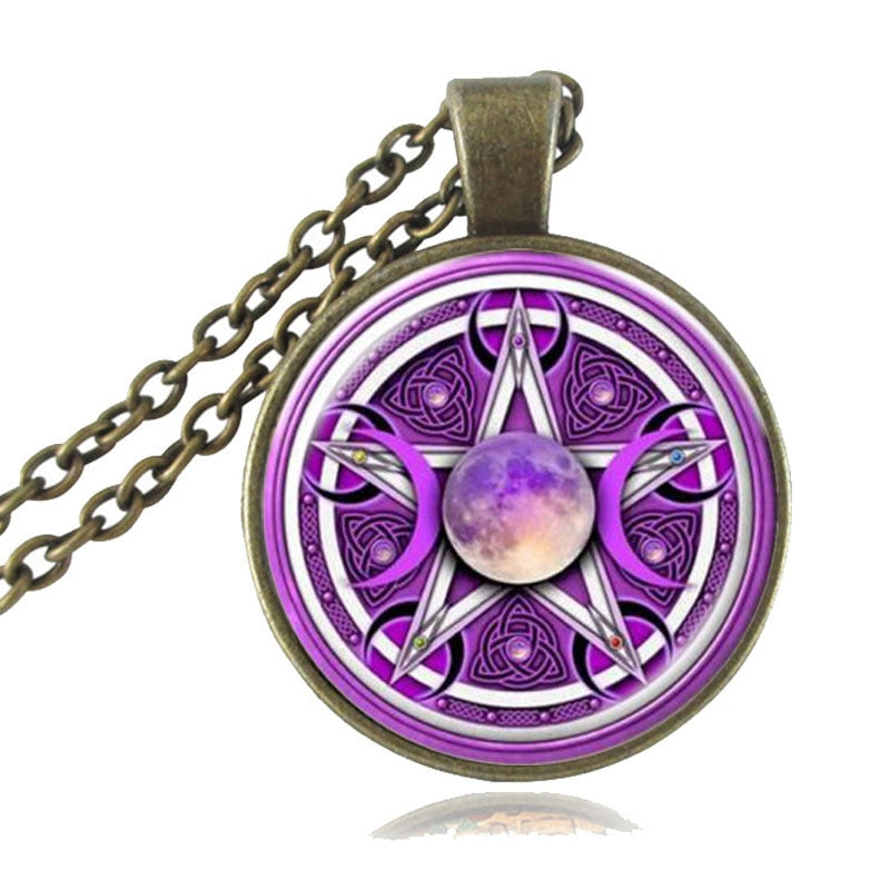 Triple Moon Goddess Pendant Pentagram Necklace Witch Glass Dome Wiccan Goth Jewerally