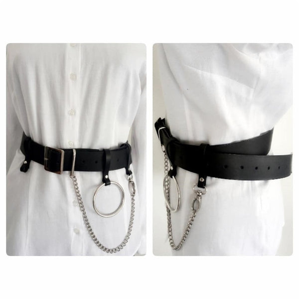 Gothic Punk Waist Chain Metal Circle Ring Design Silver Pin Buckle Leather Black Jeans Waist Belts