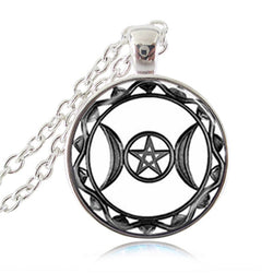 Triple Moon Goddess Pendant Pentagram Necklace Witch Glass Dome Wiccan Goth Jewerally