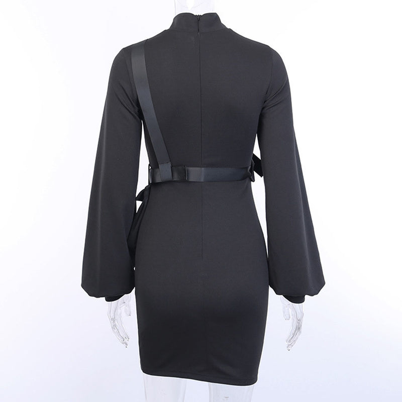 Short Bandage Dress Women Gothic Punk Belt Long Sleeve Streetwear Black Goth Mini