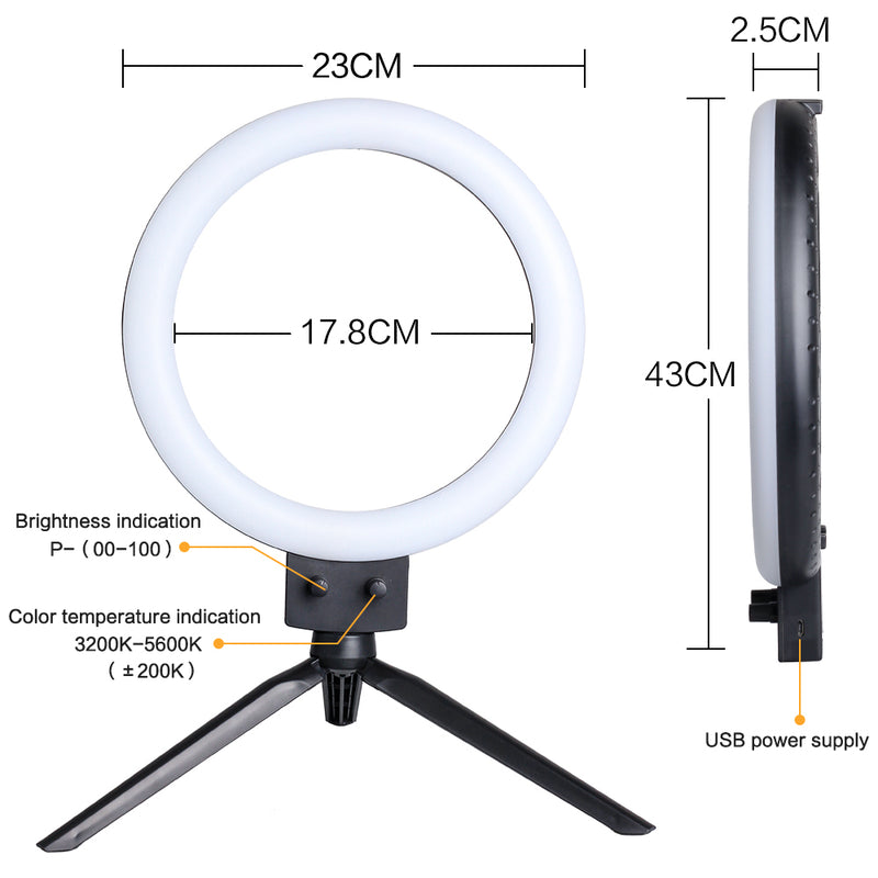 9inch Mini LED Vertical Dimmable Desktop Ring Light With USB Plug Tripod Stand For YouTube Video Live Photo Photography studio