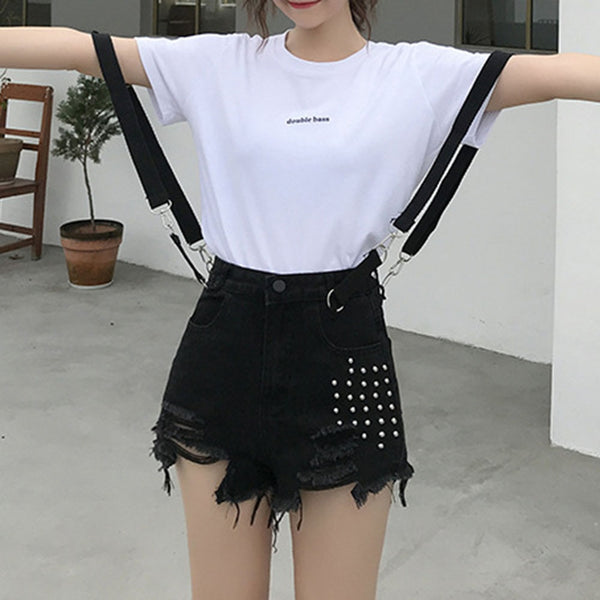 Sexy Ripped Jeans Shorts Overalls Casual Gothic Black Denim Shorts Suspender Mini Blue Vintage