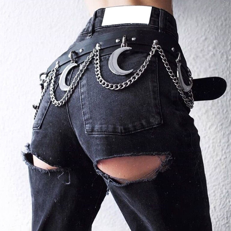 Goth Punk Hip Hop Metal Belt PU Leather Belt Chain Moon Goth Belt Dance Streetwear Individual Belt