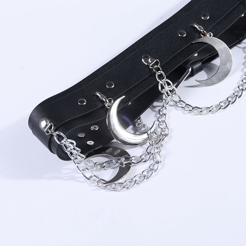 Goth Punk Hip Hop Metal Belt PU Leather Belt Chain Moon Goth Belt Dance Streetwear Individual Belt