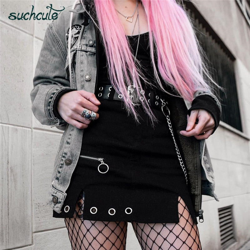 Zipper up women skirts metal chain gothic mini skirt A-line black 